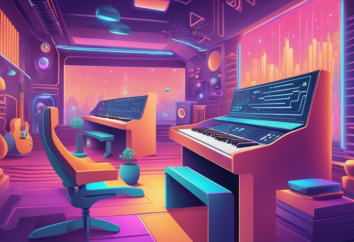 AI generates music, writes lyrics, composes melodies, and masters tracks in a futuristic studio filled with advanced technology and digital interfaces