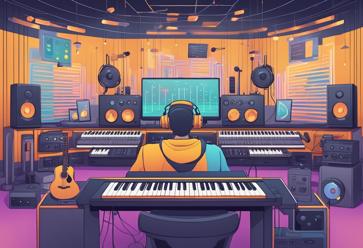 AI software orchestrates music, writes lyrics, composes melodies, and masters tracks. Multiple devices and screens display various stages of music creation process