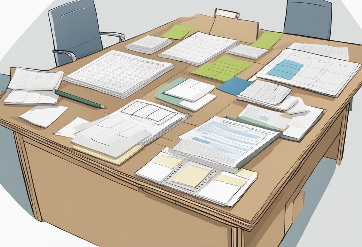 A desk with papers organized into quadrants, labeled with letters and numbers, showcasing prioritization techniques like the Eisenhower Matrix and ABCDE Method