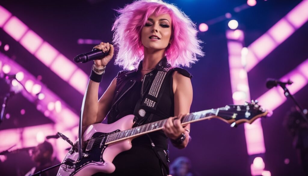 A woman with pink hair playing a guitar. AI, Music, Composing, #FrankBerrocal.