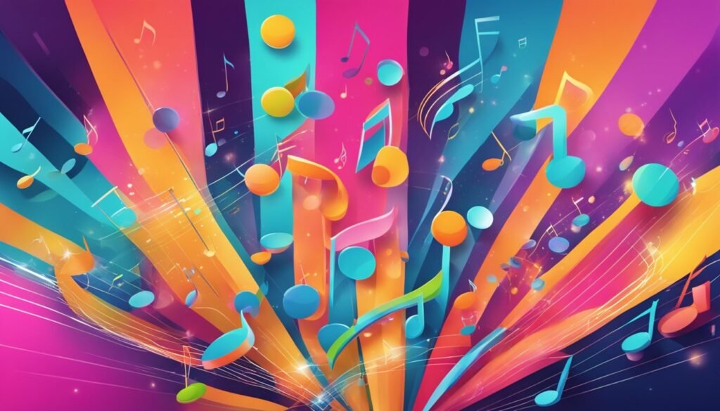 A colorful background with musical notes, AI, Music composition, Innovation, Frank Berrocal, #FrankBerrocal